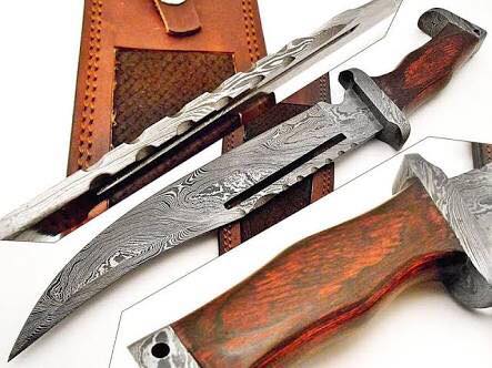 KBS Knives Store Bowie Knives Rambo Knife - Custom Handmade Damascus Steel Bowie with Rosewood Handle and Leather Sheath
