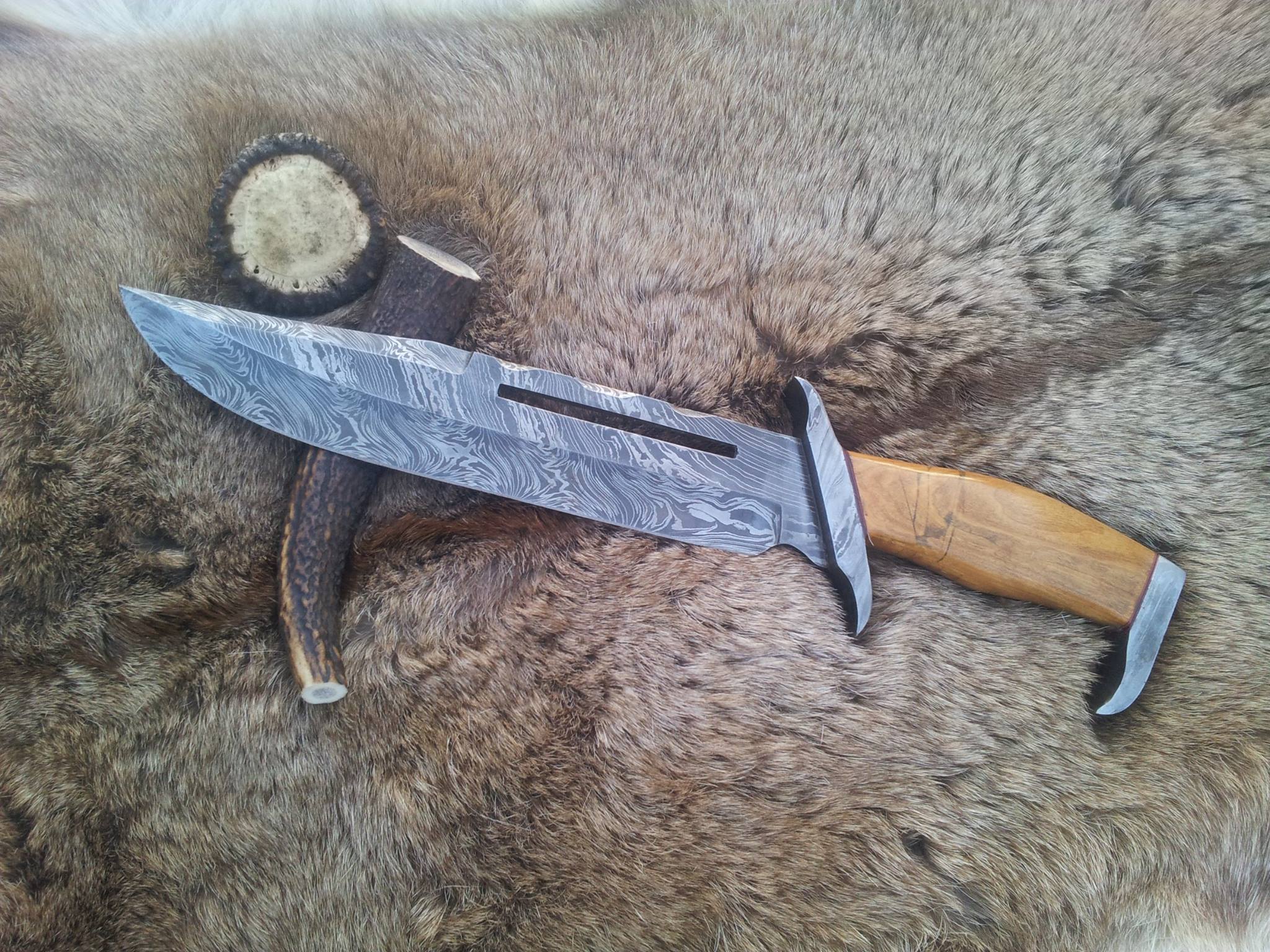 KBS Knives Store Bowie Knives Rambo Knife for Sale - Custom Handmade Damascus Bowie with Olivewood Handle