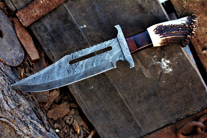 KBS Knives Store Bowie Knives Rambo Knife for Sale - Custom Handmade Damascus Bowie with Rose Wood & Antler Horn