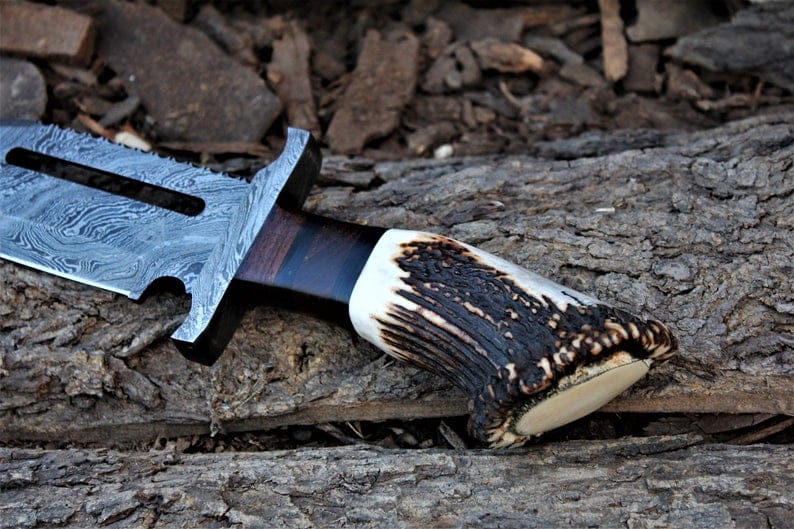 KBS Knives Store Bowie Knives Rambo Knife for Sale - Custom Handmade Damascus Bowie with Rose Wood & Antler Horn