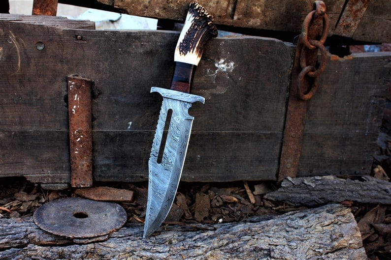 KBS Knives Store Bowie Knives Rambo Knife for Sale - Custom Handmade Damascus Bowie with Rose Wood & Antler Horn