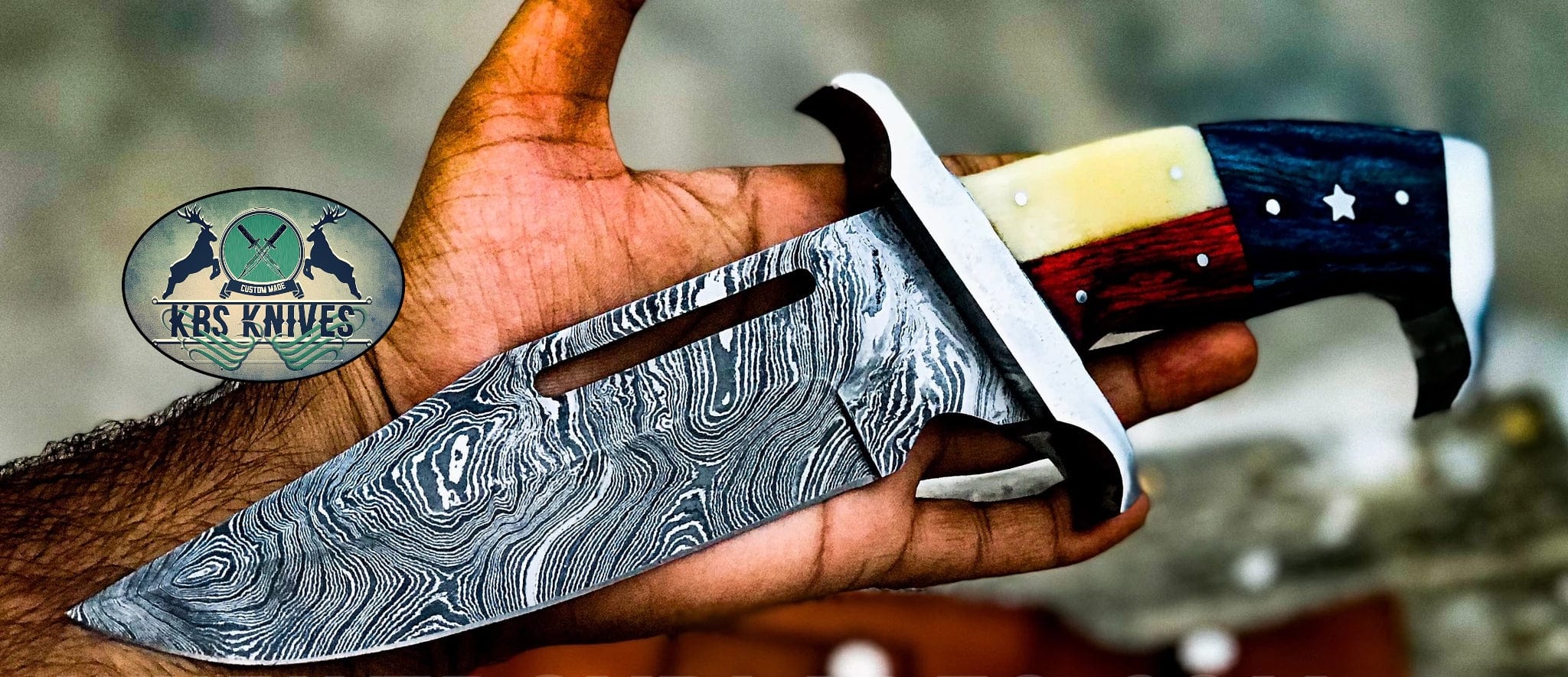 KBS Knives Store Bowie Knives Rambo Knife for Texans - Custom Handmade Damascus Bowie with Exotic Wood & Bone Handle