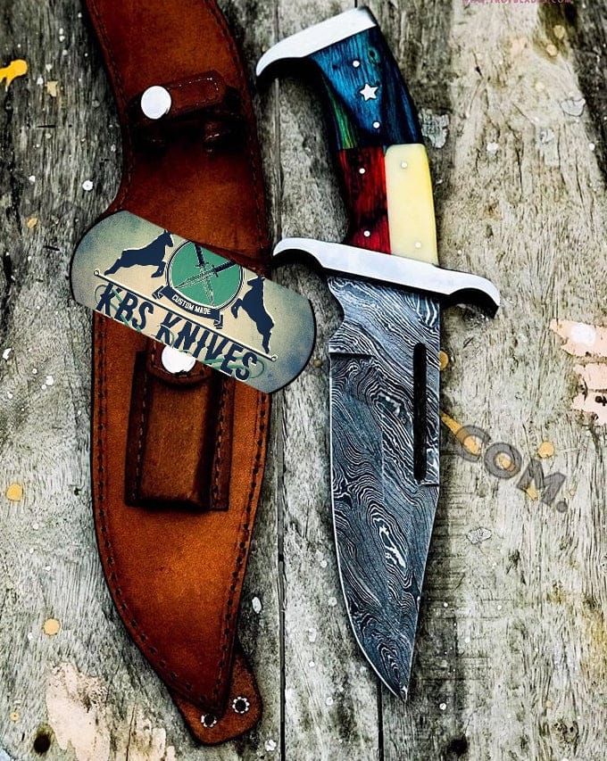 KBS Knives Store Bowie Knives Rambo Knife for Texans - Custom Handmade Damascus Bowie with Exotic Wood & Bone Handle