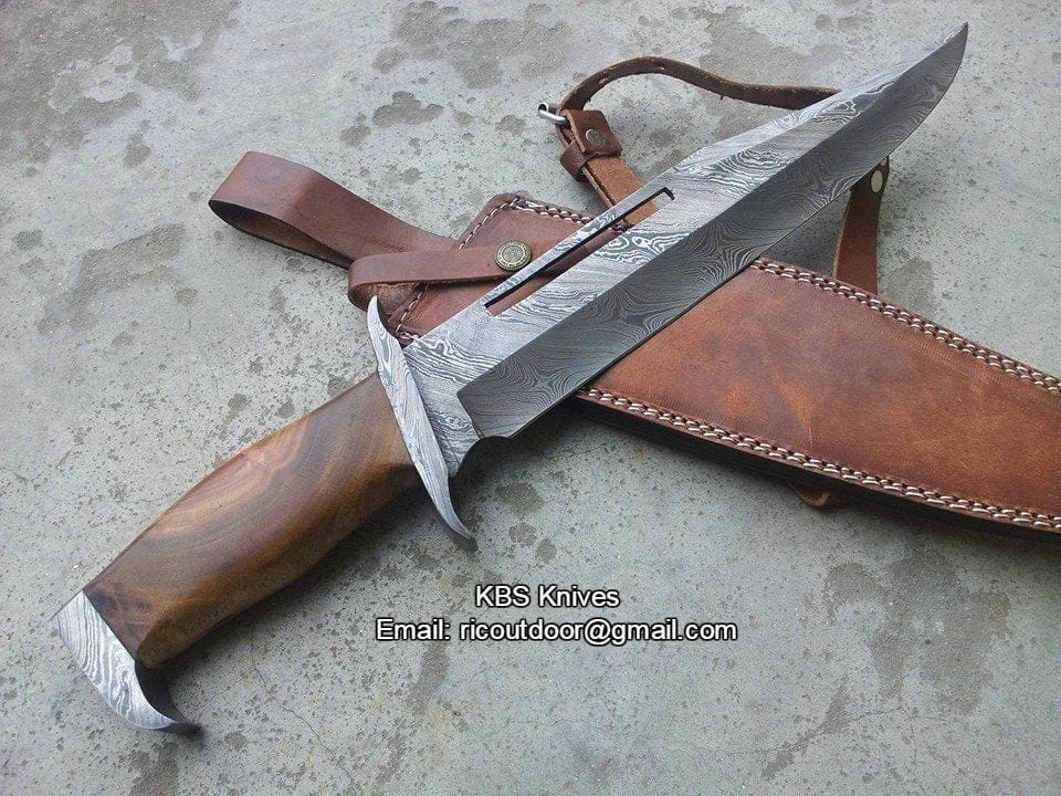 KBS Knives Store Bowie Knives Rambo Knife – Handmade 17" Damascus Steel Blade with Blood Groove & Rosewood Handle