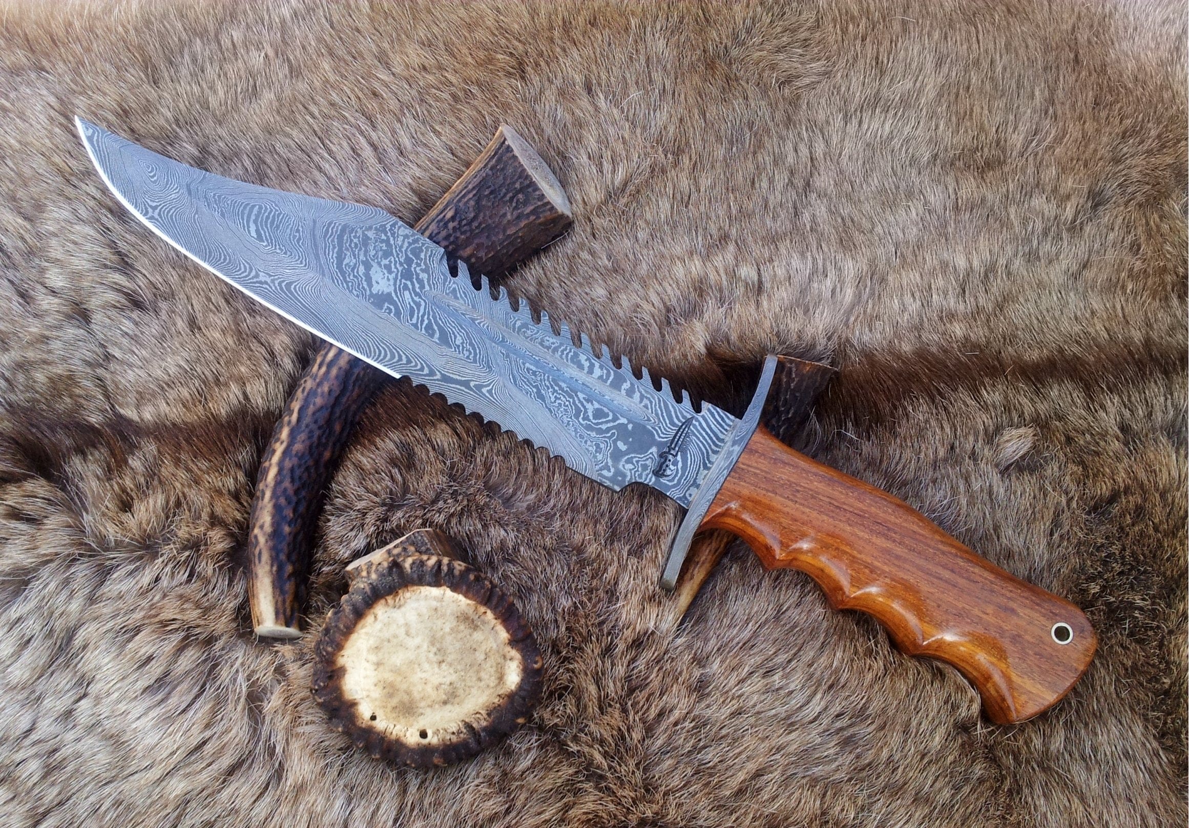 KBS Knives Store Bowie Knives Ranger Survival Bowie Knife with Custom Handcrafted Damascus Steel Blade & Rosewood Handle - 15 Inches