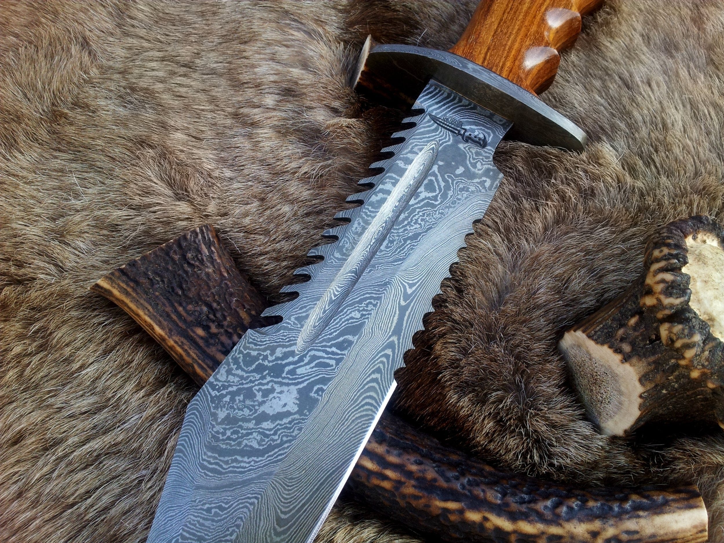 KBS Knives Store Bowie Knives Ranger Survival Bowie Knife with Custom Handcrafted Damascus Steel Blade & Rosewood Handle - 15 Inches