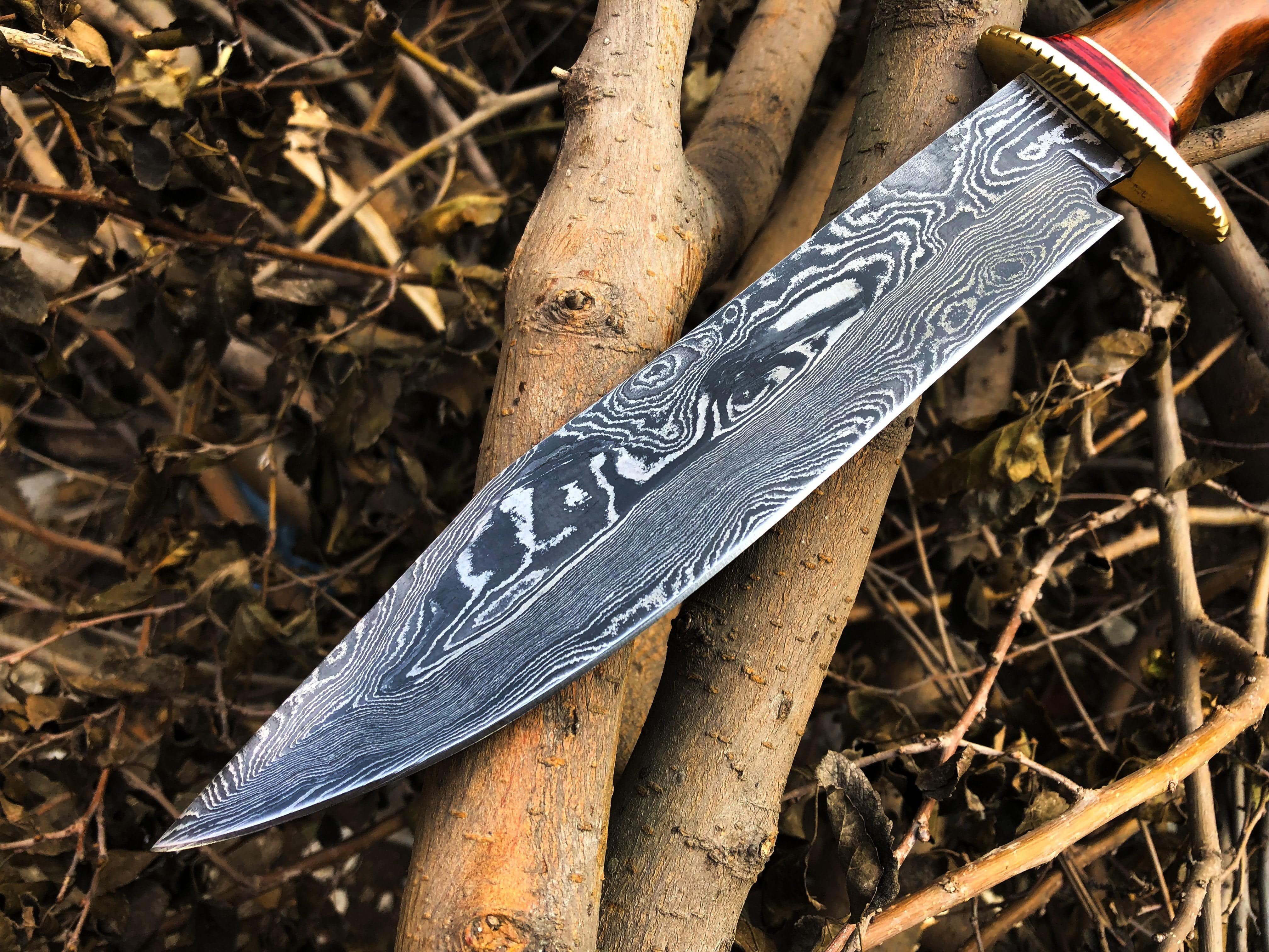 KBS Knives Store Bowie Knives Real Bowie Knife for Sale – Custom Handmade Damascus Steel Blade with Walnut Wood Handle, Brass Guard & Leather Sheath | 14-Inch Hunting Knife – KBS Knives