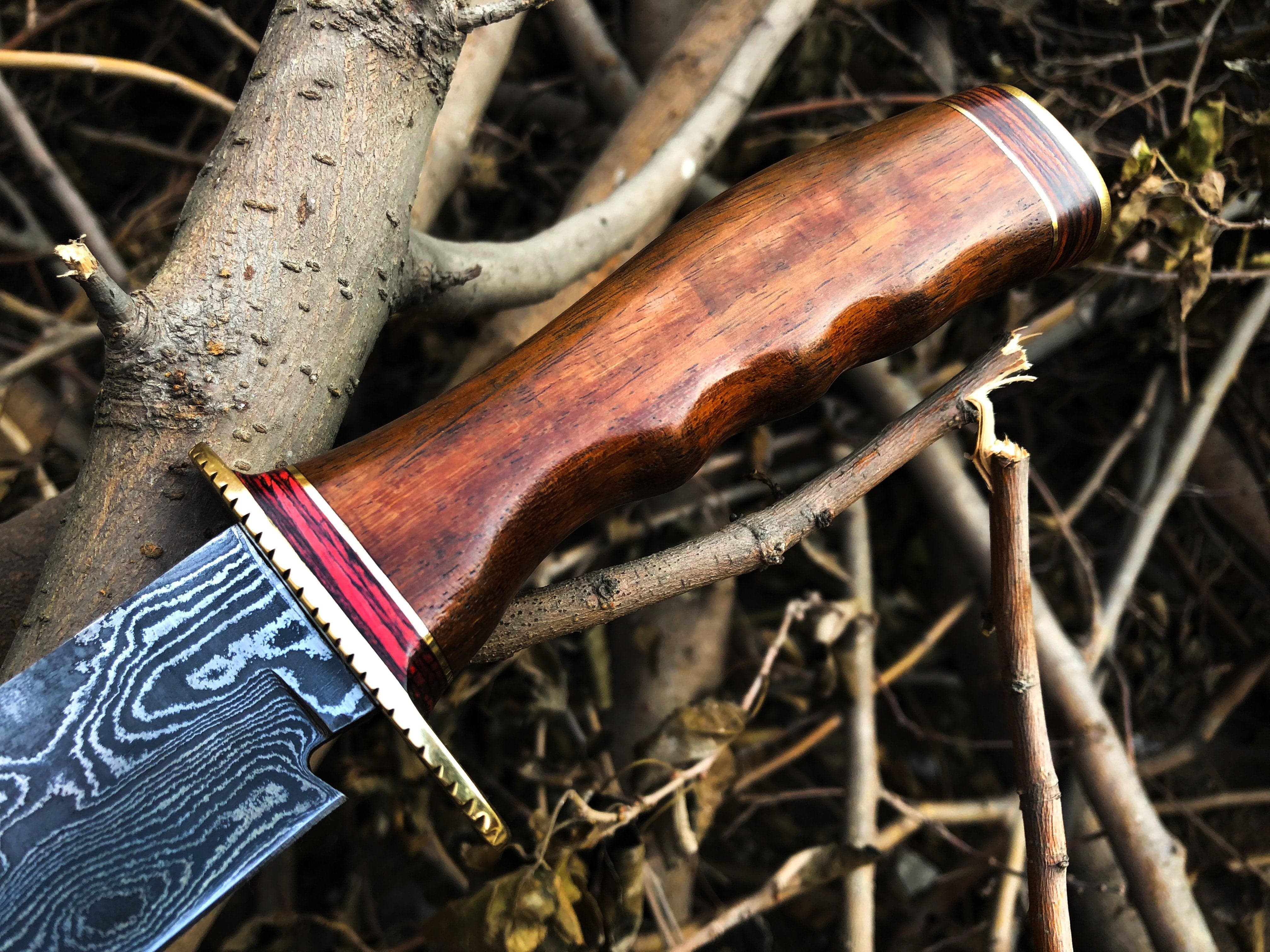 KBS Knives Store Bowie Knives Real Bowie Knife for Sale – Custom Handmade Damascus Steel Blade with Walnut Wood Handle, Brass Guard & Leather Sheath | 14-Inch Hunting Knife – KBS Knives