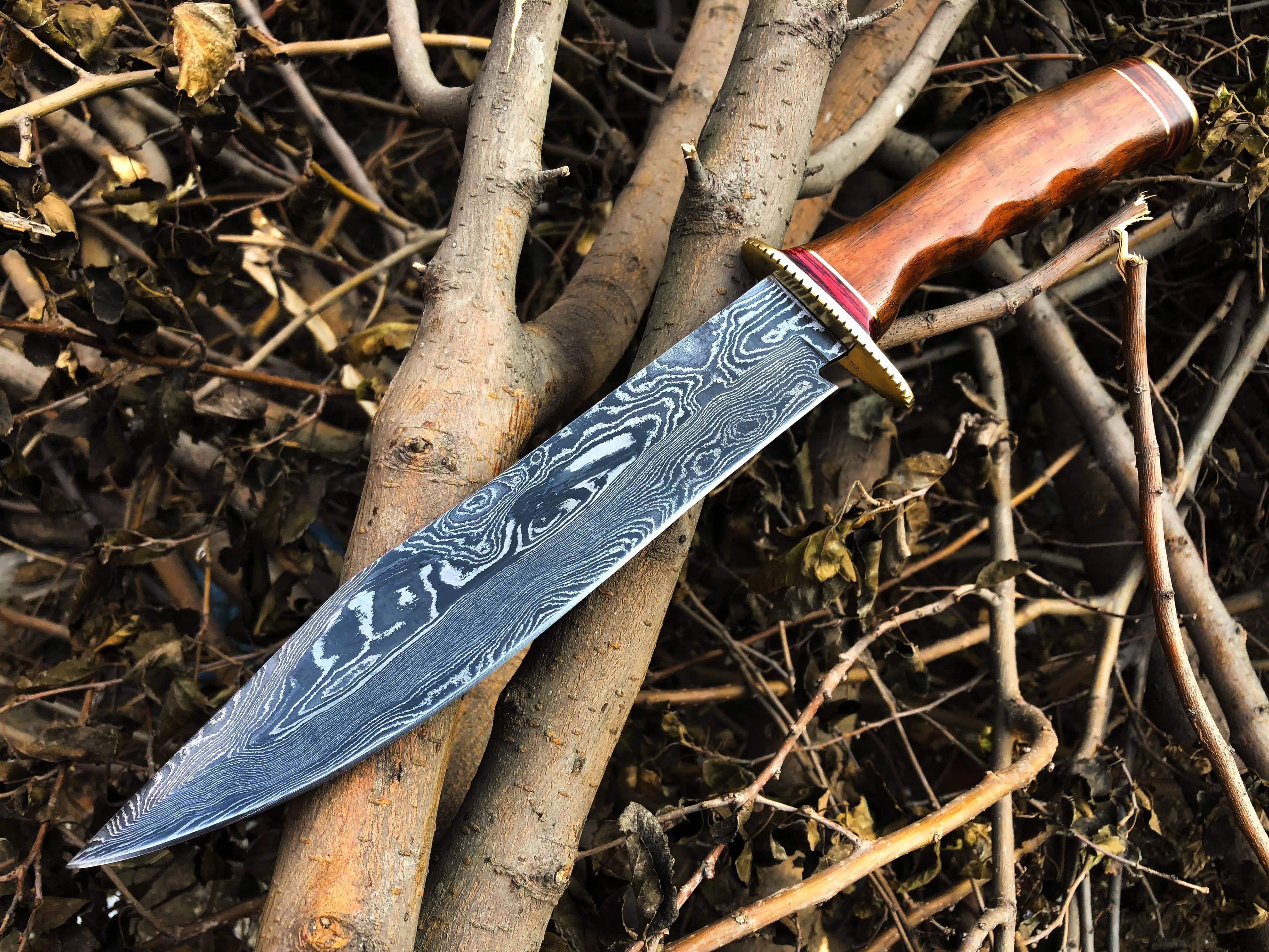 KBS Knives Store Bowie Knives Real Bowie Knife for Sale – Custom Handmade Damascus Steel Blade with Walnut Wood Handle, Brass Guard & Leather Sheath | 14-Inch Hunting Knife – KBS Knives