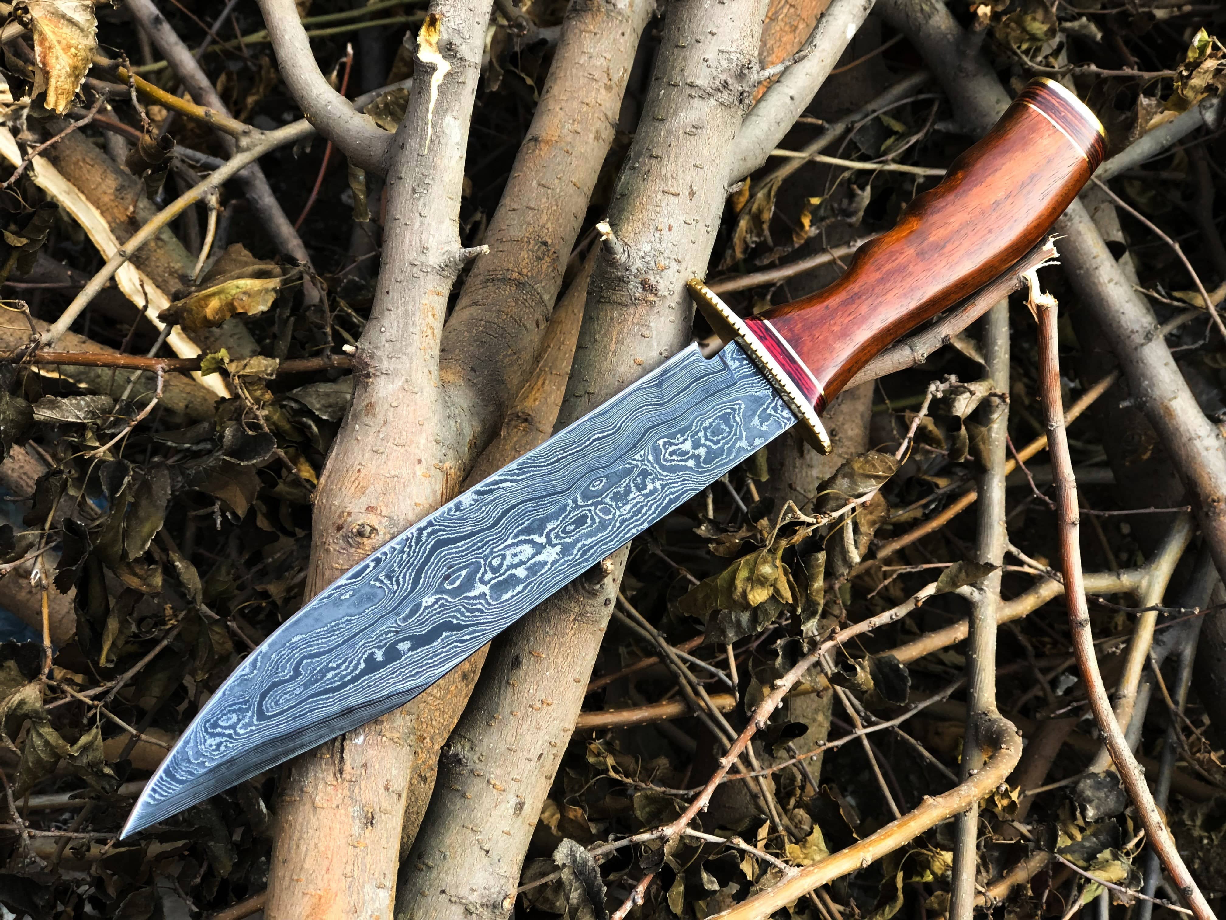 KBS Knives Store Bowie Knives Real Bowie Knife for Sale – Custom Handmade Damascus Steel Blade with Walnut Wood Handle, Brass Guard & Leather Sheath | 14-Inch Hunting Knife – KBS Knives