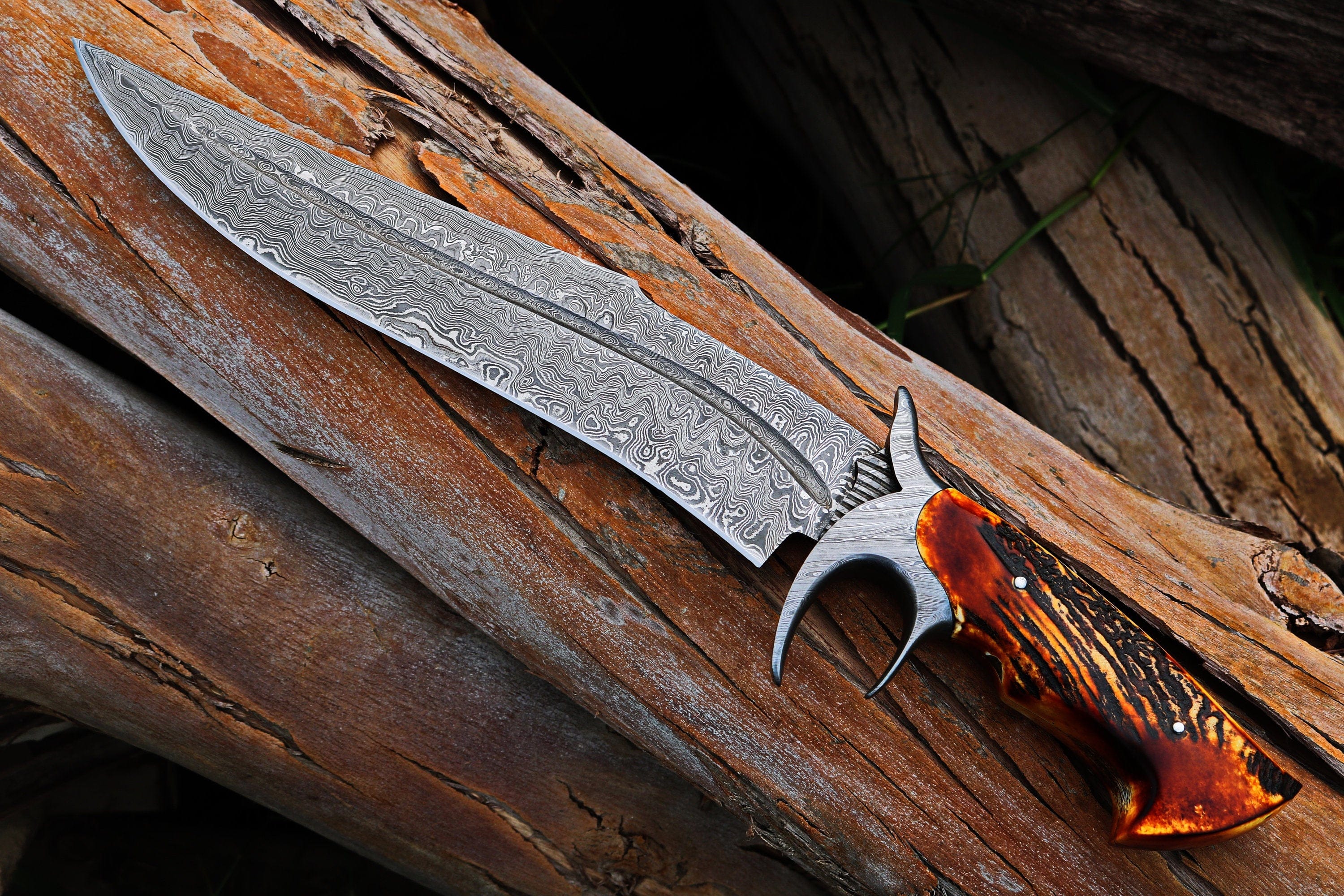 KBS Knives Store Bowie Knives RED DRAGON SLAYER Bowie Knife with Leather Sheath for Sale – Custom Handmade Full Tang Damascus Steel Blade, Antler Horn Handle & Damascus Finger Guard | 16-Inch Hunting Knife – KBS Knives