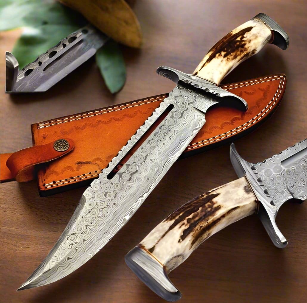 KBS Knives Store Bowie Knives Stormbringer Bowie Knife – Custom 16" Raindrops Damascus Steel Blade with Antler Horn Handle
