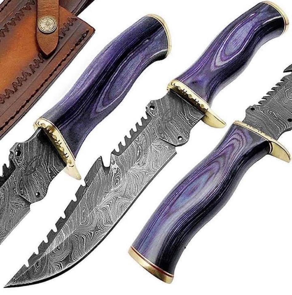 KBS Knives Store Bowie Knives Survival Bowie Knife with Leather Sheath for Sale – Custom Handmade Damascus Steel Blade, Exotic Wood Handle with Brass Guard | 13-Inch Hunting Knife – KBS Knives