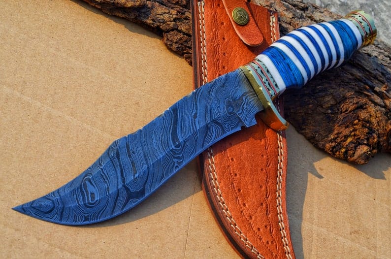 KBS Knives Store Bowie Knives The Masterpiece Bowie: 14-Inch Damascus Steel Bowie Knife with Exotic Pakka Wood, Bone, Brass Guard, and Spacers