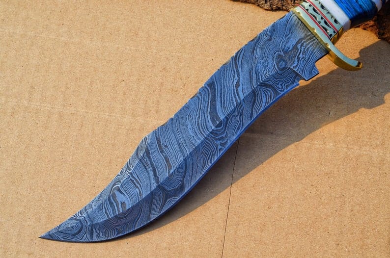 KBS Knives Store Bowie Knives The Masterpiece Bowie: 14-Inch Damascus Steel Bowie Knife with Exotic Pakka Wood, Bone, Brass Guard, and Spacers