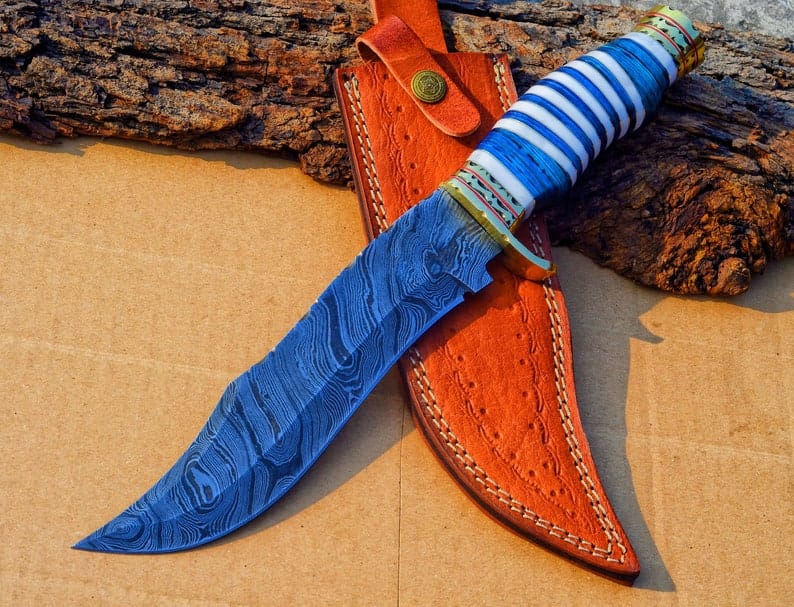 KBS Knives Store Bowie Knives The Masterpiece Bowie: 14-Inch Damascus Steel Bowie Knife with Exotic Pakka Wood, Bone, Brass Guard, and Spacers