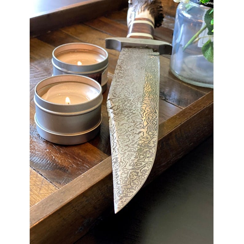 KBS Knives Store Bowie Knives The Ultimate Big Bowie Knife for Sale - 15-Inch Damascus Steel Blade, Bone, Rosewood, Stag horn, Steel Guard Handle, Leather Sheath - KBS Knives Store