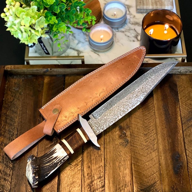 KBS Knives Store Bowie Knives The Ultimate Big Bowie Knife for Sale - 15-Inch Damascus Steel Blade, Bone, Rosewood, Stag horn, Steel Guard Handle, Leather Sheath - KBS Knives Store