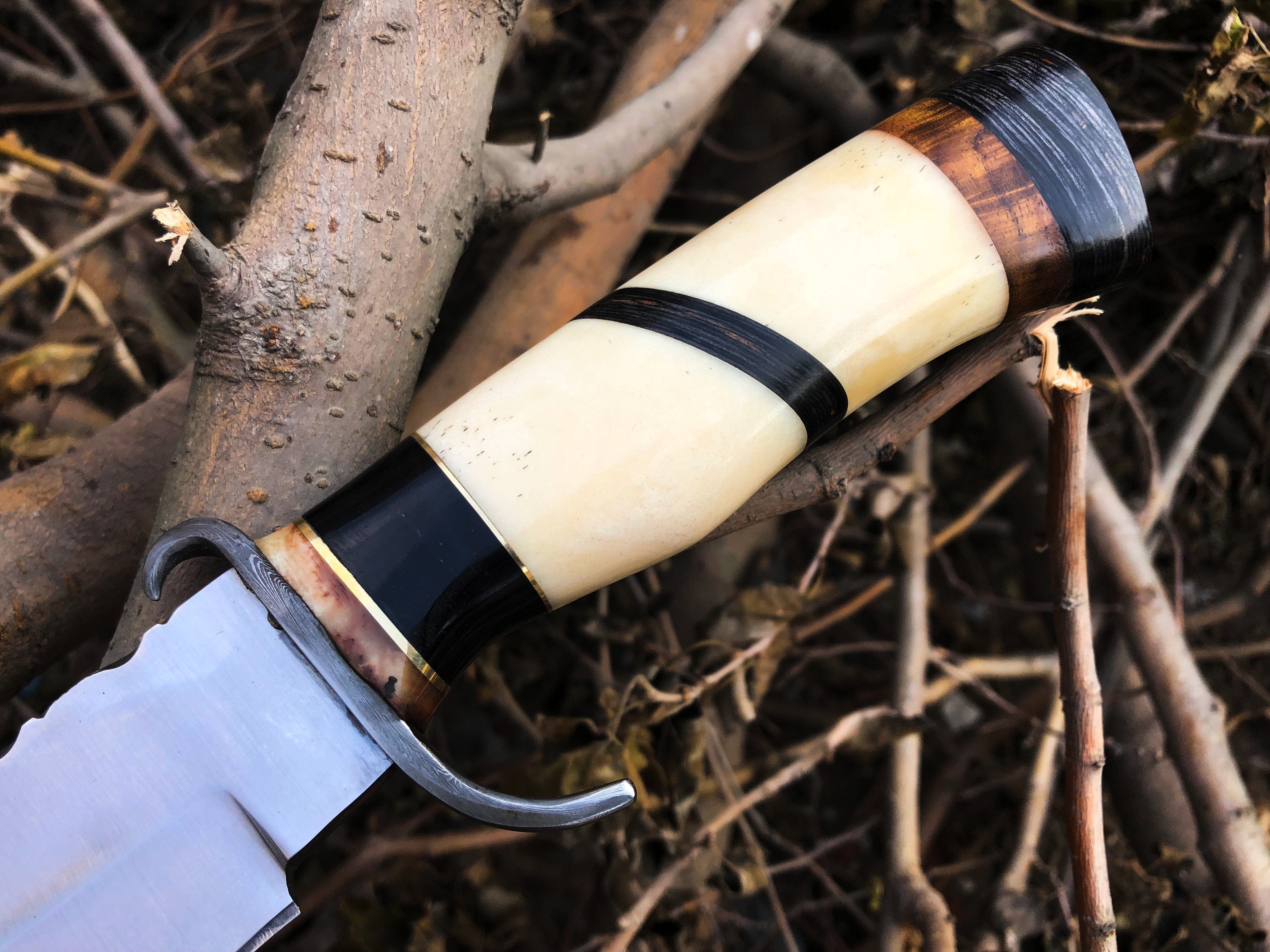 KBS Knives Store Bowie Knives Top Quality Hunting Bowie Knife | D2 Steel Blade | Bone, Buffalo, Wood Handle with Damascus Guard | 13 Inches | Leather Sheath | KBS Knives Store