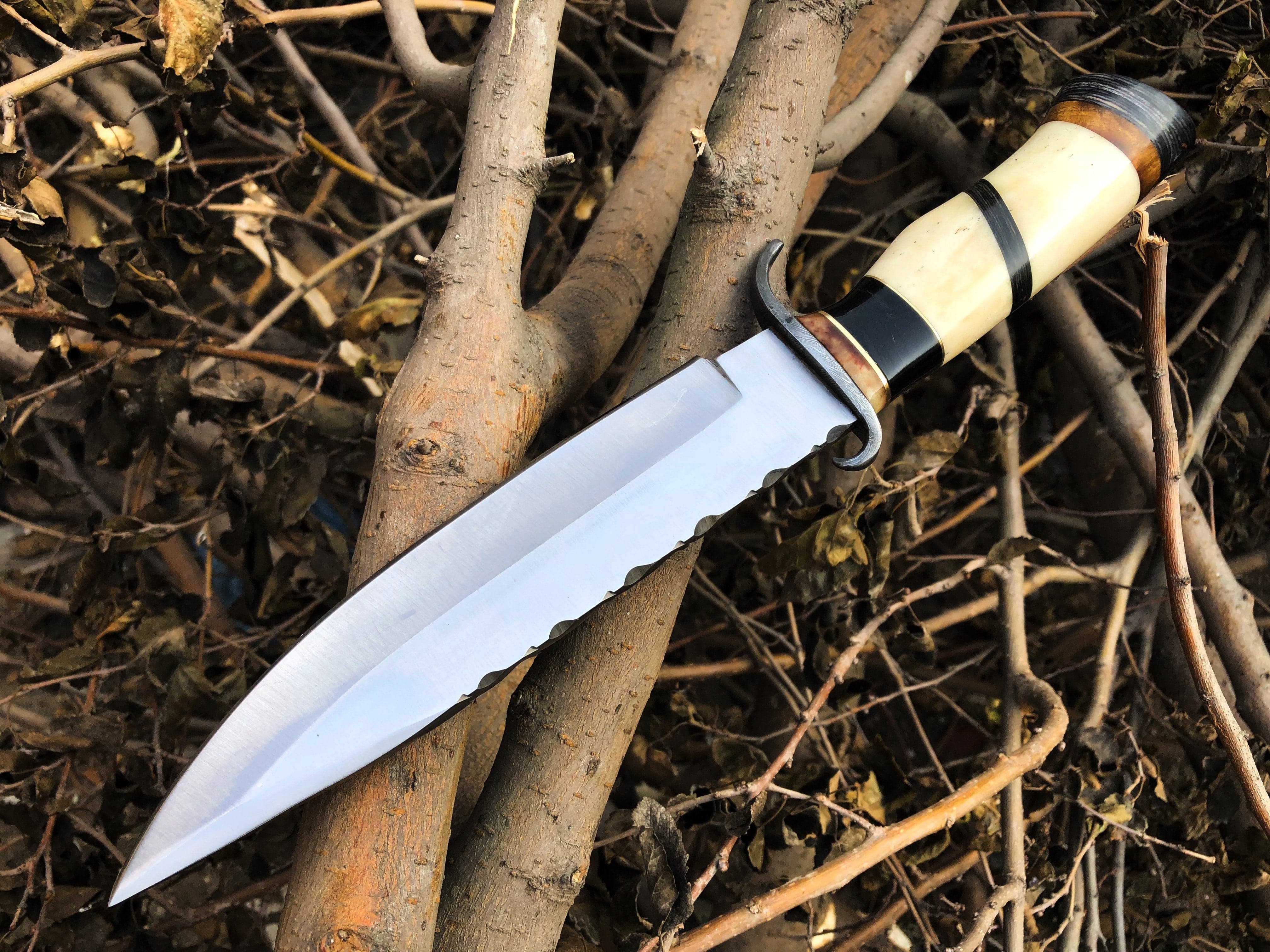 KBS Knives Store Bowie Knives Top Quality Hunting Bowie Knife | D2 Steel Blade | Bone, Buffalo, Wood Handle with Damascus Guard | 13 Inches | Leather Sheath | KBS Knives Store
