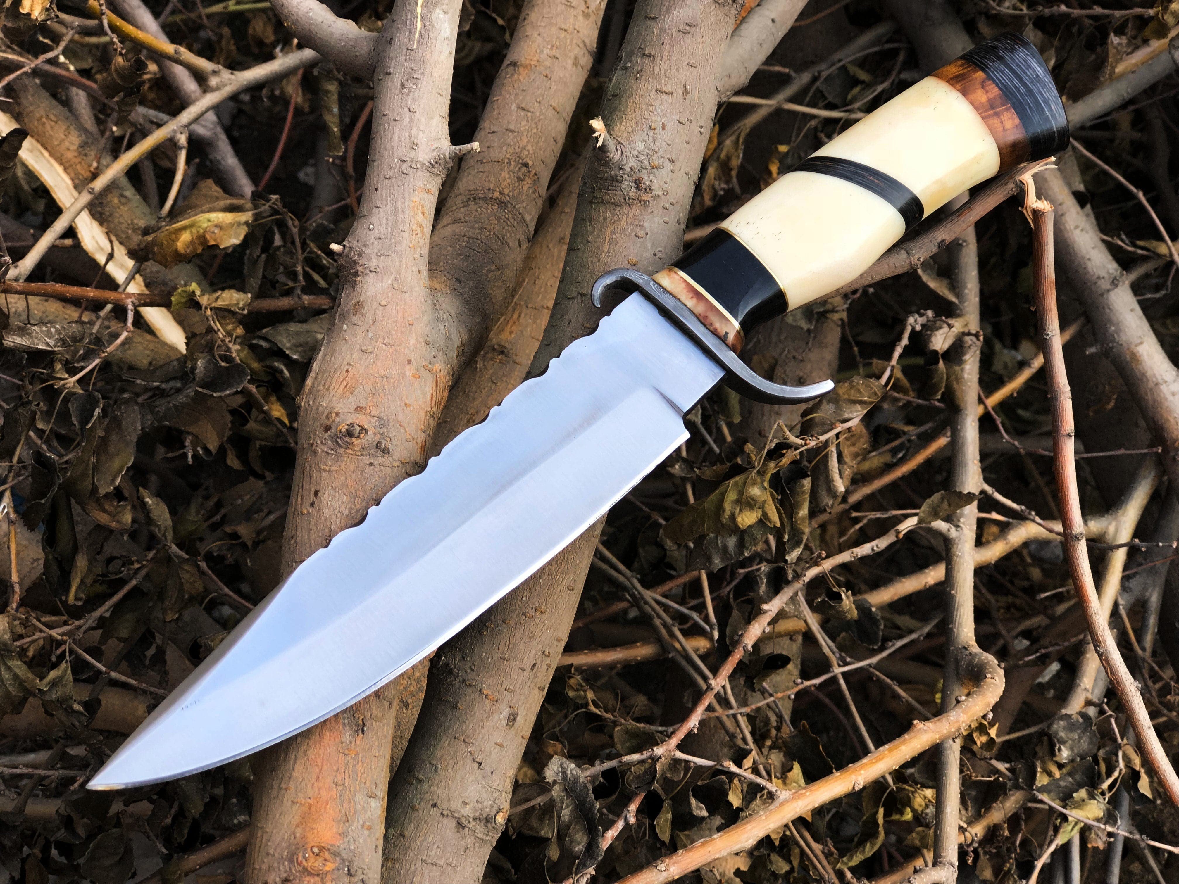 KBS Knives Store Bowie Knives Top Quality Hunting Bowie Knife | D2 Steel Blade | Bone, Buffalo, Wood Handle with Damascus Guard | 13 Inches | Leather Sheath | KBS Knives Store