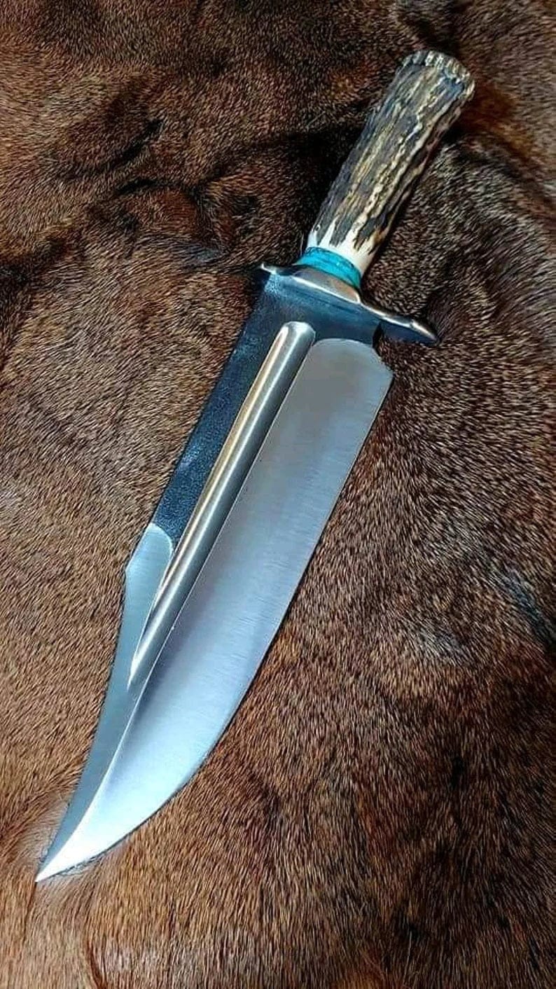 KBS Knives Store Bowie Knives Ultimate Survival Bowie Knife - Handmade, 1095 Forged Steel, 11" Blade, Antler Horn Handle, Exotic Wood, Steel Guard