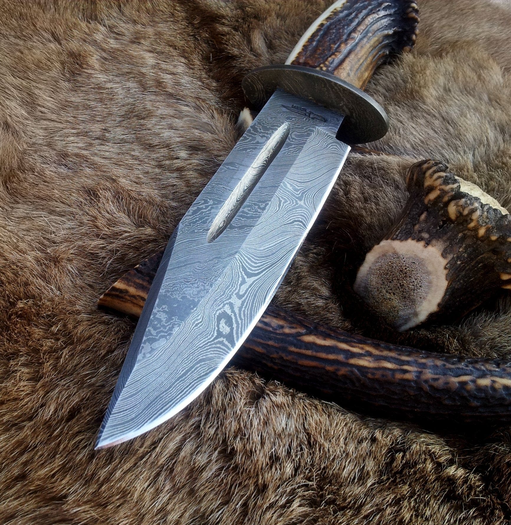 KBS Knives Store Bowie Knives Vintage Bowie Knife with Custom Handcrafted Damascus Steel Blade & Stag Horn Handle - 14 Inches
