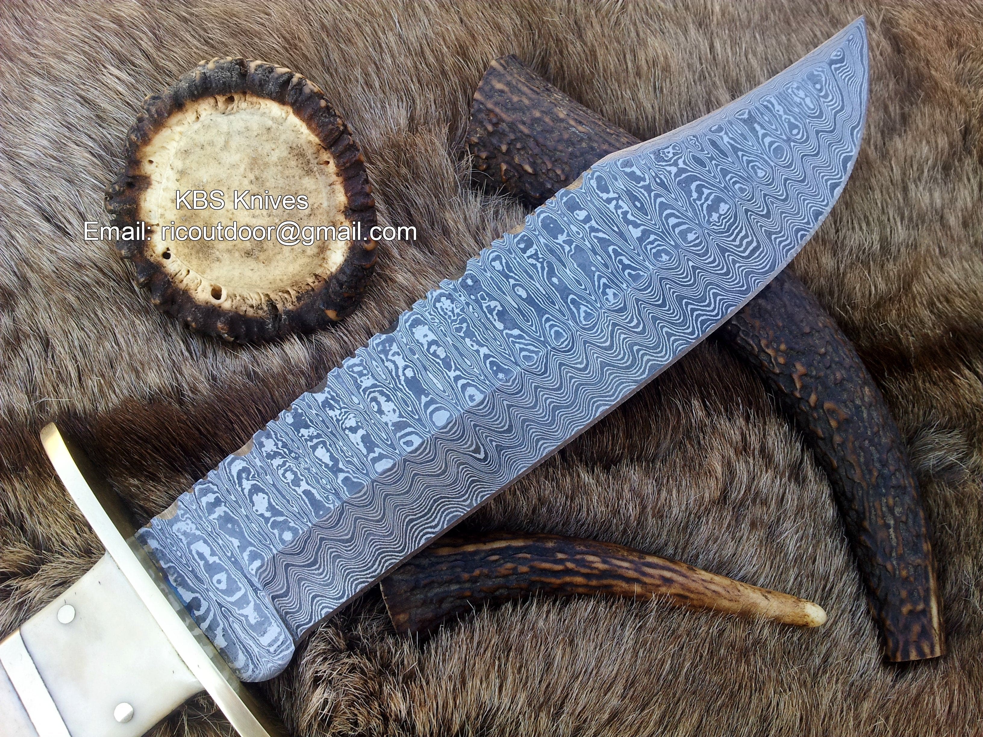 KBS Knives Store Bowie Knives Vintage Western USA W49 Bowie Knife - Custom Handcrafted Full Tang Damascus Steel Blade, Bone Handle with Brass Spacers, 15" Overall Length - Leather Sheath | KBS Knives