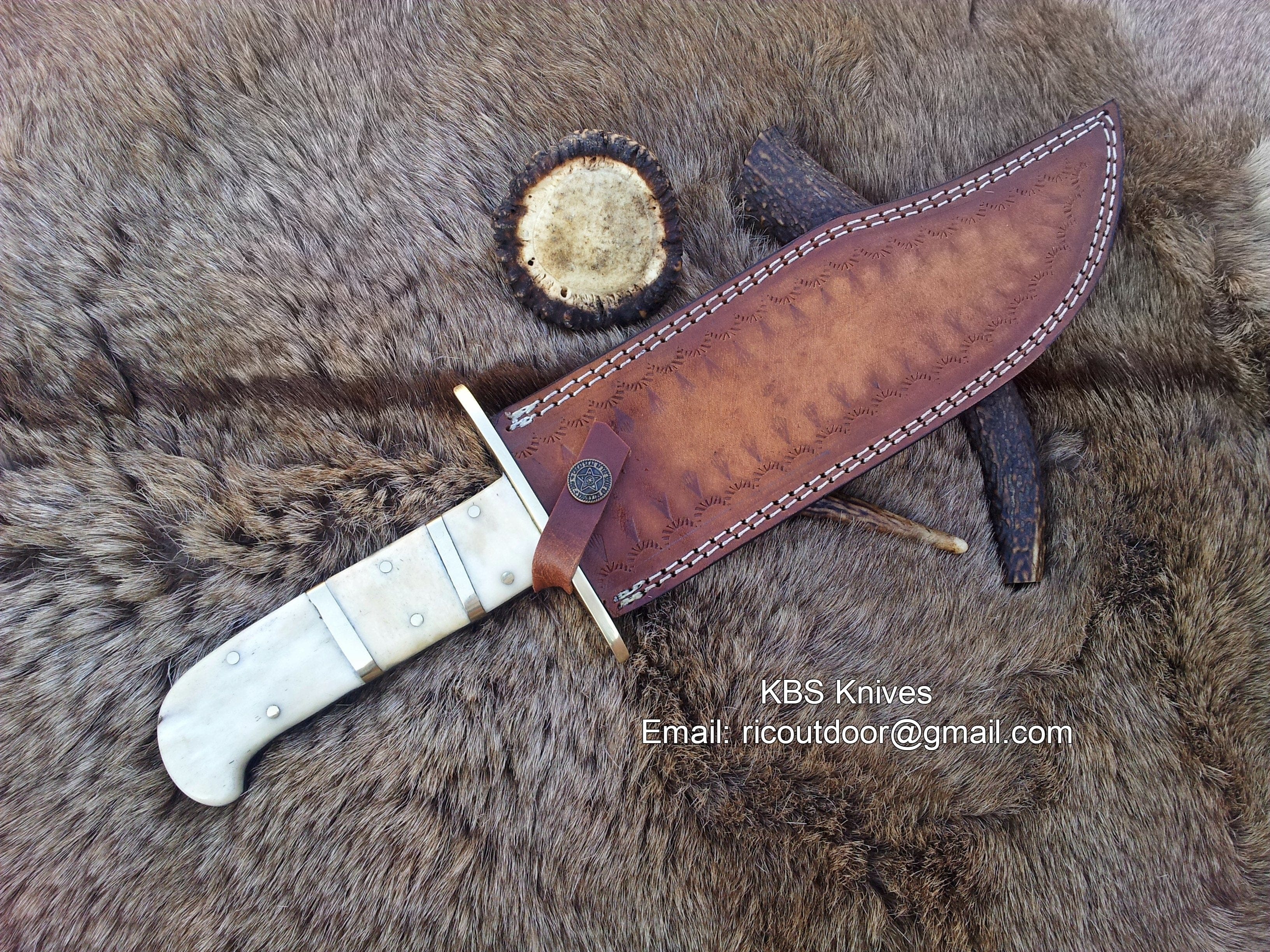 KBS Knives Store Bowie Knives Vintage Western USA W49 Bowie Knife - Custom Handcrafted Full Tang Damascus Steel Blade, Bone Handle with Brass Spacers, 15" Overall Length - Leather Sheath | KBS Knives