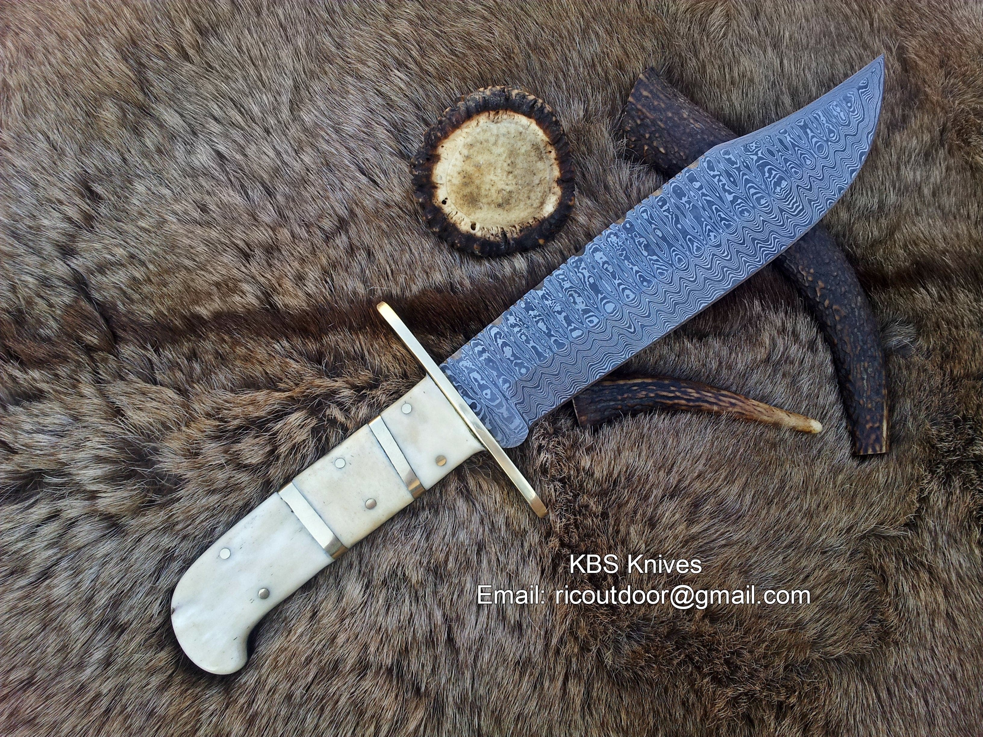 KBS Knives Store Bowie Knives Vintage Western USA W49 Bowie Knife - Custom Handcrafted Full Tang Damascus Steel Blade, Bone Handle with Brass Spacers, 15" Overall Length - Leather Sheath | KBS Knives
