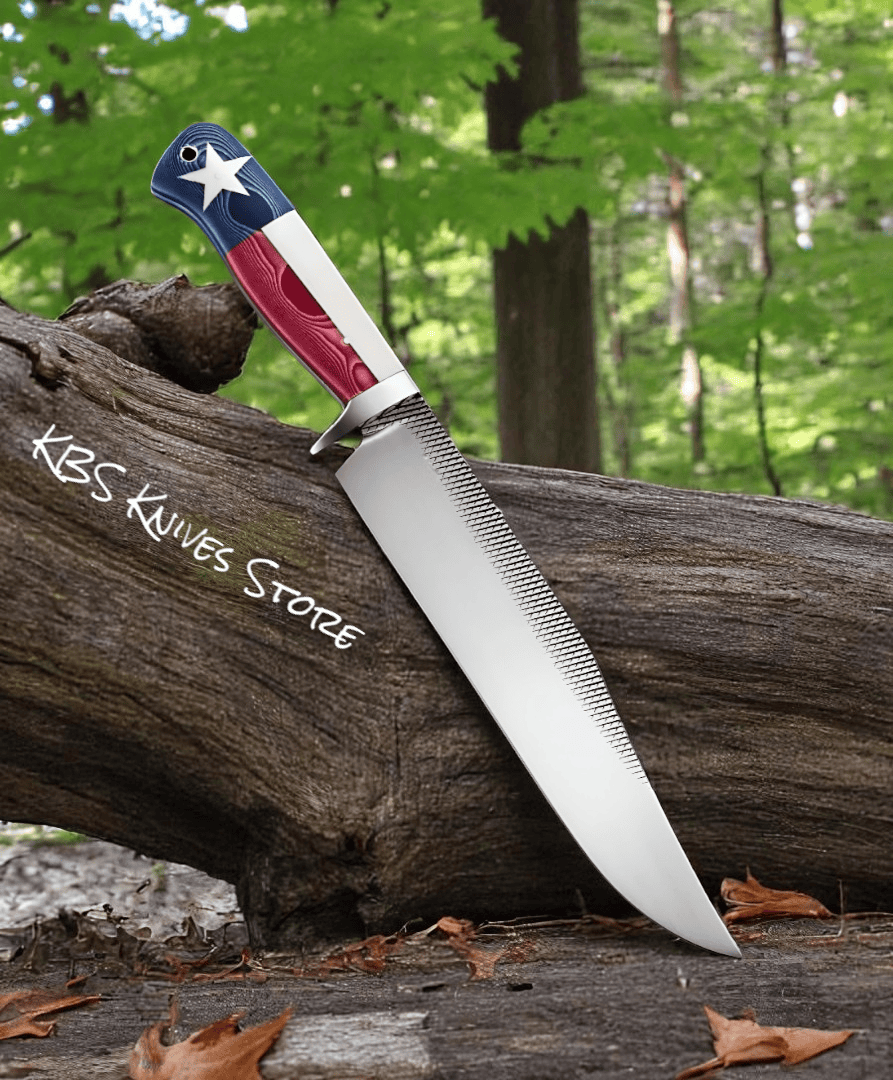 KBS Knives Store Bowie Knives Western Bowie Knife - 10" Rasp Steel with Texas Flag G10 Handle & Steel Guard