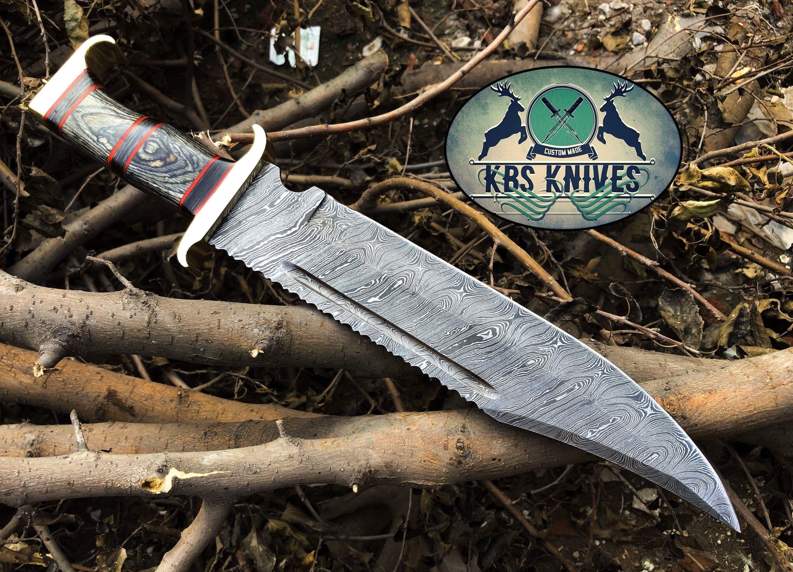KBS Knives Store Bowie Knives Western Outlaw Bowie Knife - Custom Handcrafted Damascus Steel Blade, Exotic Wood Handle, Red Fiber Spacers, Brass Guards, 16" Overall Length | Leather Sheath | KBS Knives