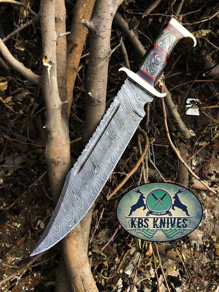 KBS Knives Store Bowie Knives Western Outlaw Bowie Knife - Custom Handcrafted Damascus Steel Blade, Exotic Wood Handle, Red Fiber Spacers, Brass Guards, 16" Overall Length | Leather Sheath | KBS Knives