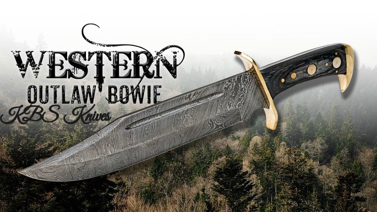 KBS Knives Store Bowie Knives Western Outlaw Bowie Knife - Custom Handcrafted Damascus Steel Blade, Exotic Wood Handle with Brass Guards, 15" Overall Length | Leather Sheath | KBS Knives
