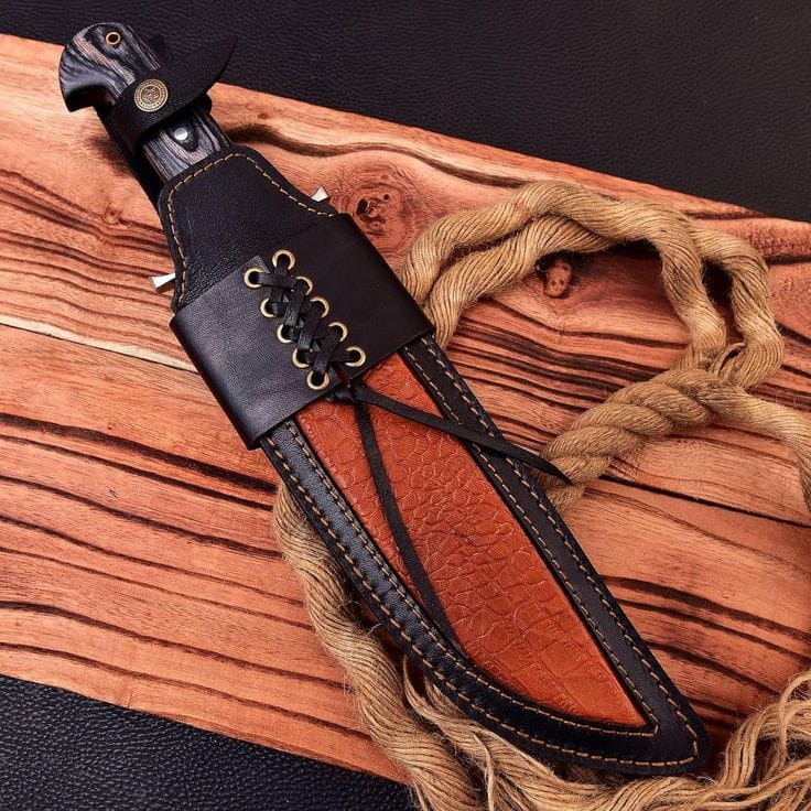 KBS Knives Store Bowie Knives Wild Frontier: Hunting Bowie Knife with D2 Steel Blade, Exotic Wood Handle, Steel Guard, and Leather Sheath