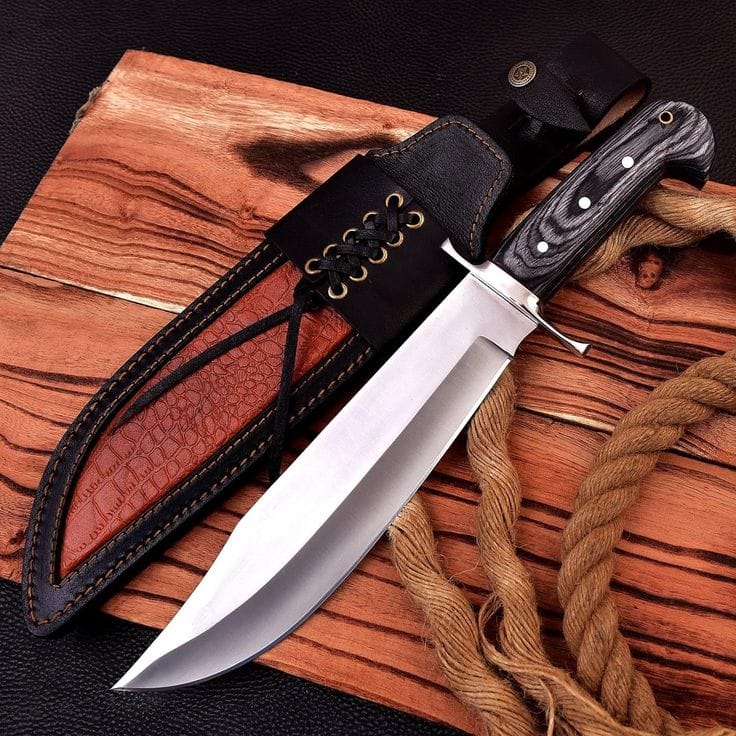 KBS Knives Store Bowie Knives Wild Frontier: Hunting Bowie Knife with D2 Steel Blade, Exotic Wood Handle, Steel Guard, and Leather Sheath