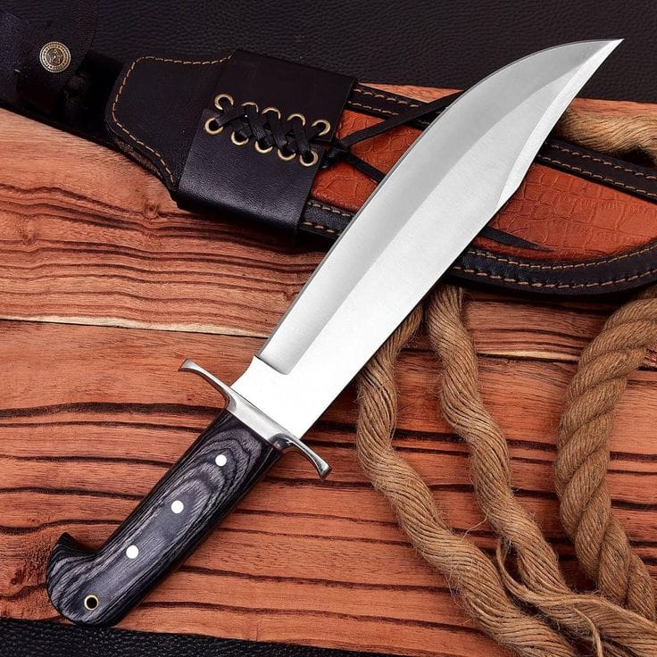 KBS Knives Store Bowie Knives Wild Frontier: Hunting Bowie Knife with D2 Steel Blade, Exotic Wood Handle, Steel Guard, and Leather Sheath