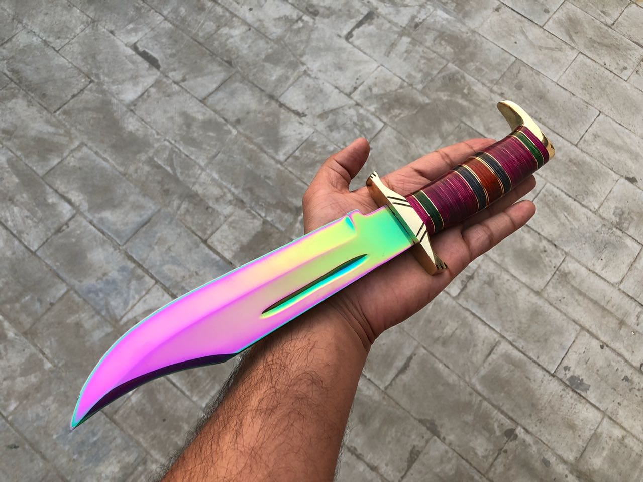KBS Knives Store Bowie Knives Wild Hunter Bowie Knife - Custom Handcrafted Heavy Gauge D2 Titanium Colored Steel Blade, Colored Exotic Woods Handle, Brass Spacers and Guard, 15" Overall Length | Leather Sheath | KBS Knives