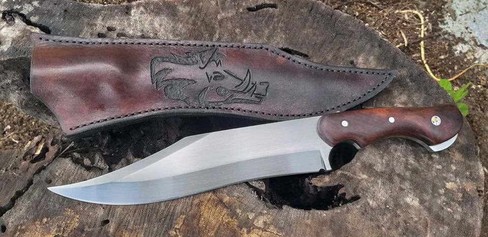 KBS Knives Store Bowie Knives Wild Pig Hunting Bowie Knife with Leather Sheath for Sale – Custom Handmade Heavy-Duty Full Tang 1095 High Carbon Steel Blade, Rosewood Handle | 15-Inch Hunting Knife – KBS Knives