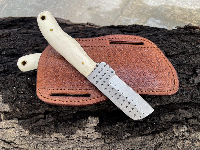 KBS Knives Store Bull Cutter Bull Cutter Knife For Sale, 8.25-Inch Knife with Rasp Tool Steel Full Tang Blade, Bone Handle, and Leather Sheath