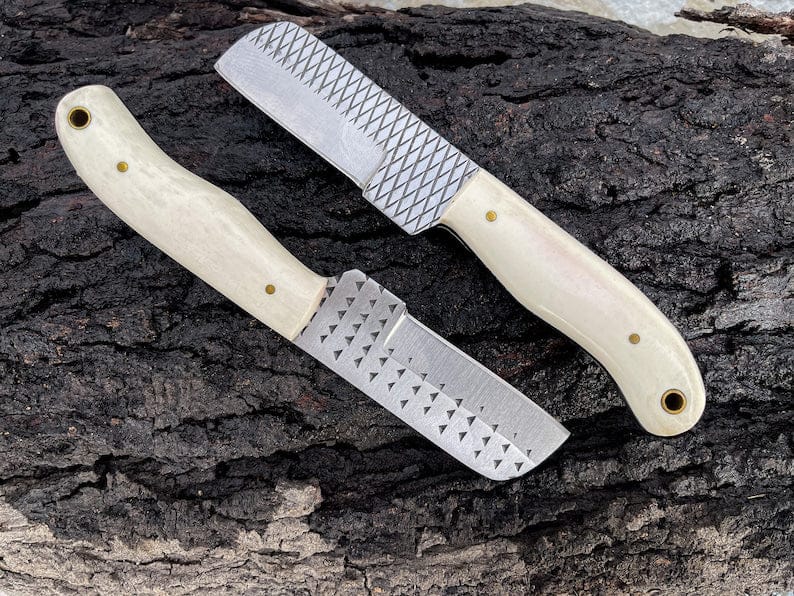 KBS Knives Store Bull Cutter Bull Cutter Knife For Sale, 8.25-Inch Knife with Rasp Tool Steel Full Tang Blade, Bone Handle, and Leather Sheath