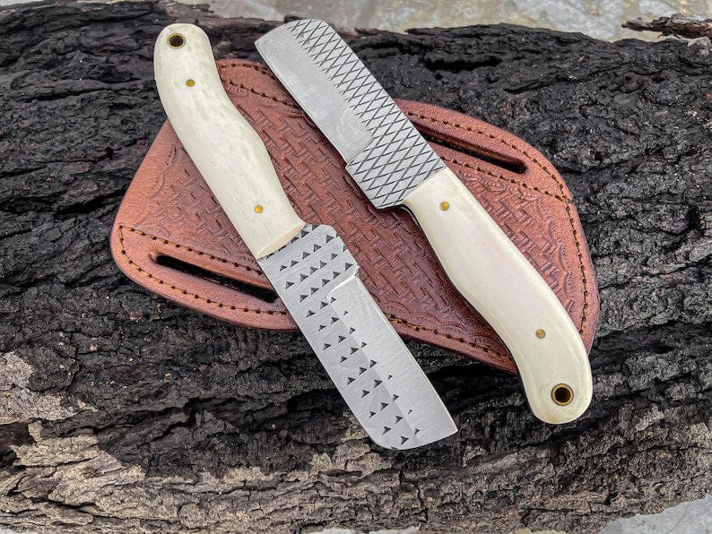 KBS Knives Store Bull Cutter Bull Cutter Knife For Sale, 8.25-Inch Knife with Rasp Tool Steel Full Tang Blade, Bone Handle, and Leather Sheath
