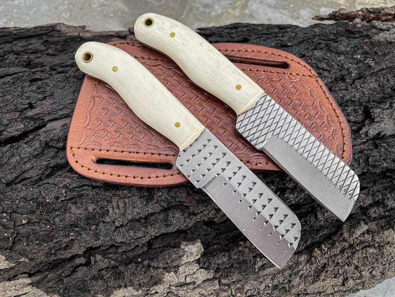 KBS Knives Store Bull Cutter Bull Cutter Knife For Sale, 8.25-Inch Knife with Rasp Tool Steel Full Tang Blade, Bone Handle, and Leather Sheath