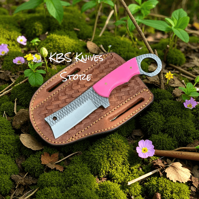 KBS Knives Store Bull Cutter Bull Cutter Knife for Women with Pink Epoxy Resin Handle and Leather Sheath – 8.25" Rasp Steel Blade