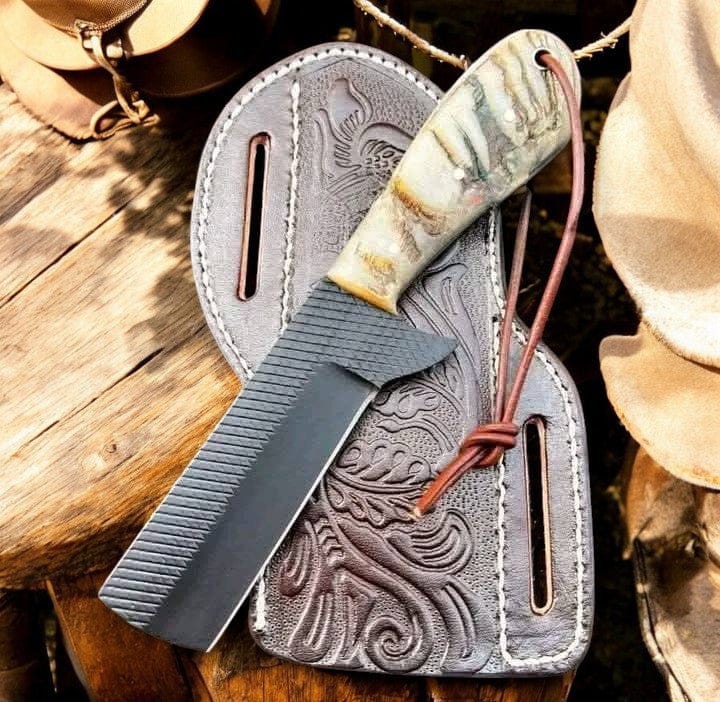 KBS Knives Store Bull Cutter Bull Cutter Knife with Sheath – Handmade Rasp Steel & Sheep Horn Handle