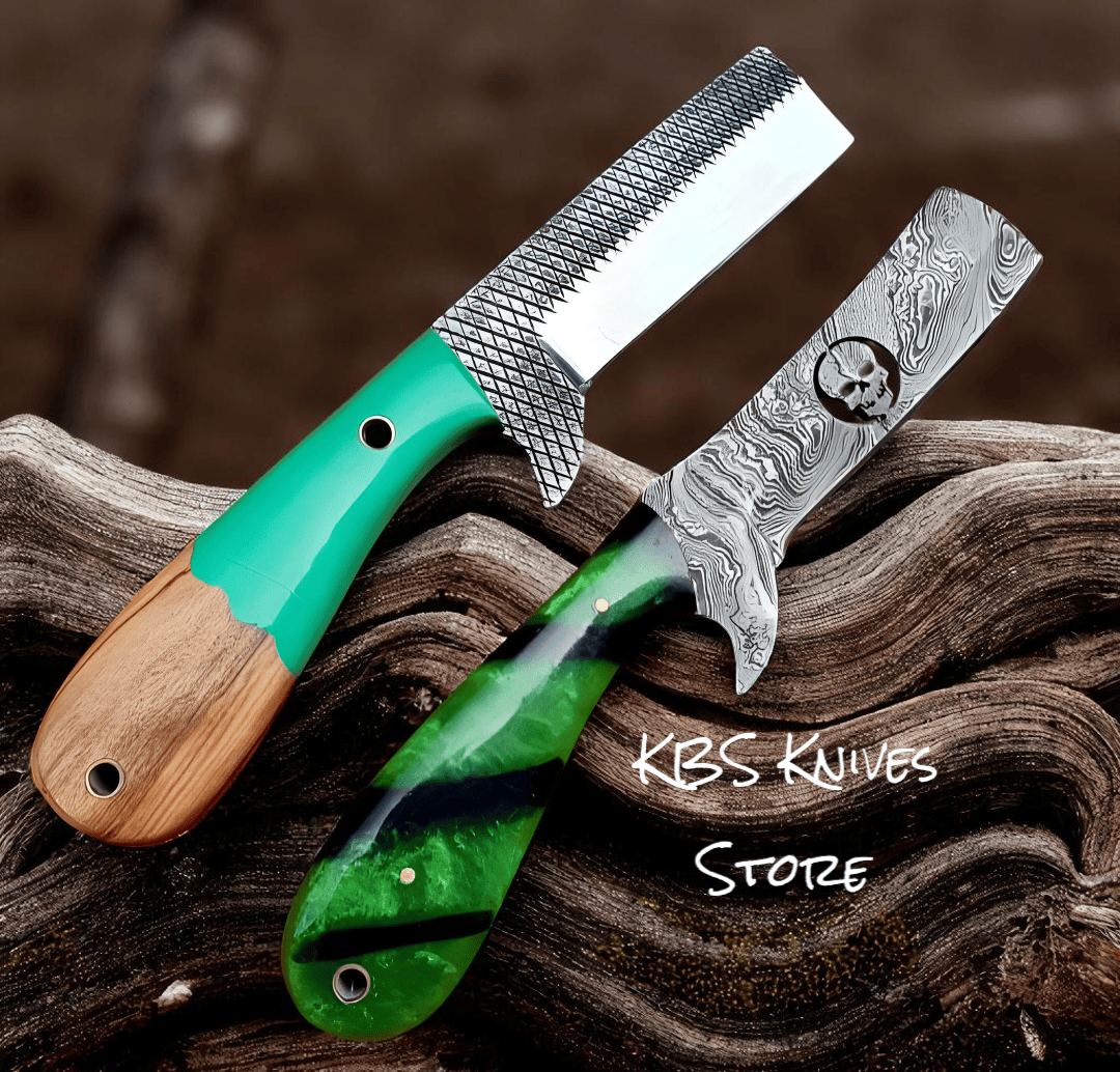KBS Knives Store Bull Cutter Bull Cutter Knives – 8" Damascus, Rasp File Blades with Epoxy Resin Handles & Western Sheath