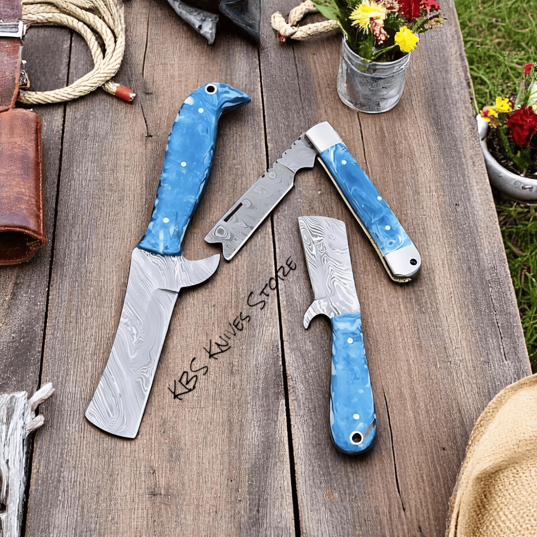 KBS Knives Store Bull Cutter Bull Cutter Knives Set - Premium 3-Piece Damascus Steel Collection with Sheaths