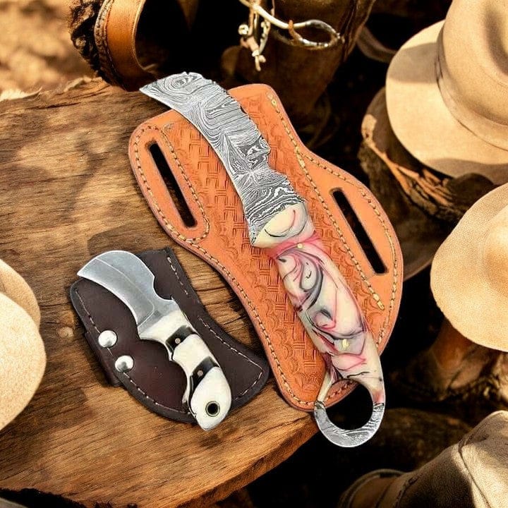 KBS Knives Store Bull Cutter Cowboy Bull Cutter Knife – 8.5" Damascus with Finger Hole & Bonus Knife