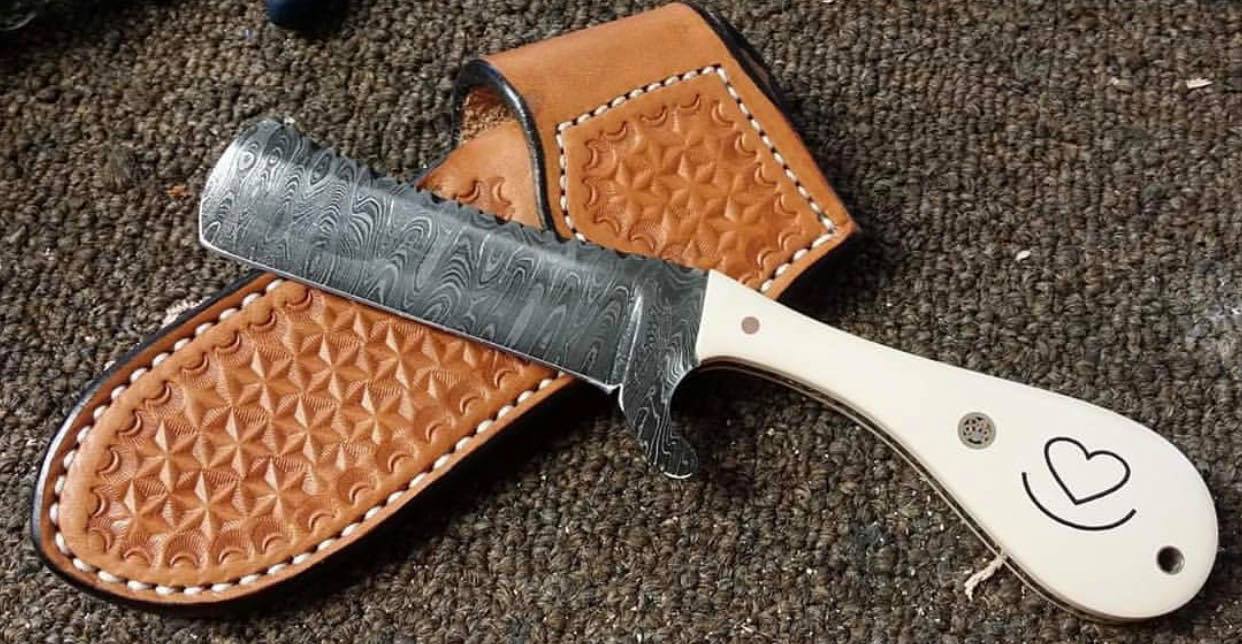 KBS Knives Store Bull Cutter Custom Bull Cutter Knife – Handmade Damascus with Bone Handle & Leather Sheath | Western Ranch Ready