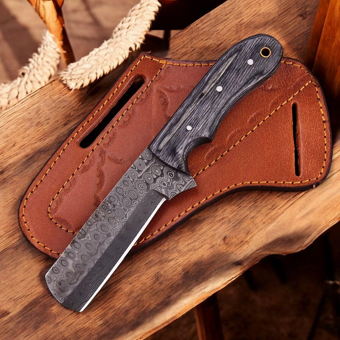 KBS Knives Store Bull Cutter Premium Damascus Bull Cutter Knife - 8" Tear Drops Damascus Steel with Exotic Black Wood Handle